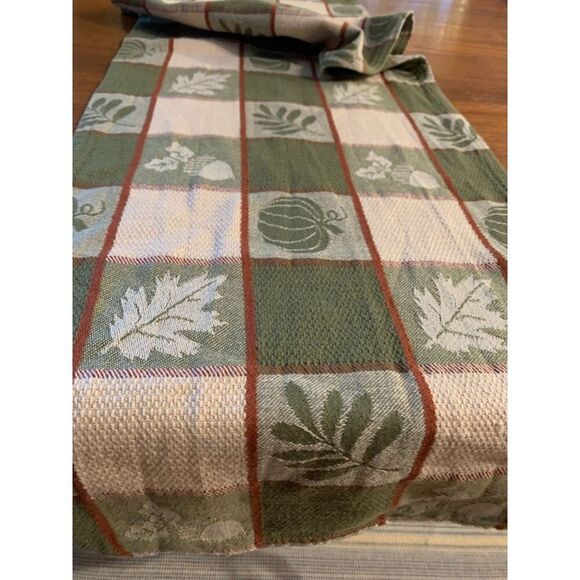 Autumnal Green & Beige Checkered Table Runner 12" x 98" Cotton Blend With Leaf & - Picture 6 of 6